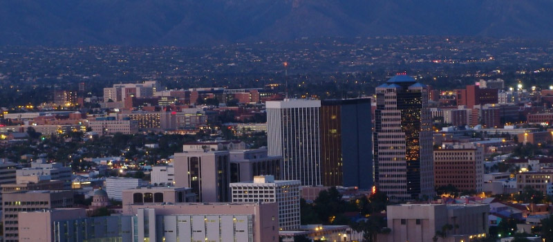Aerial view of downtown Tucson at dusk