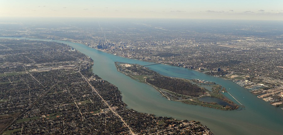 Aerial view of downtown Detroit and the Detroit River