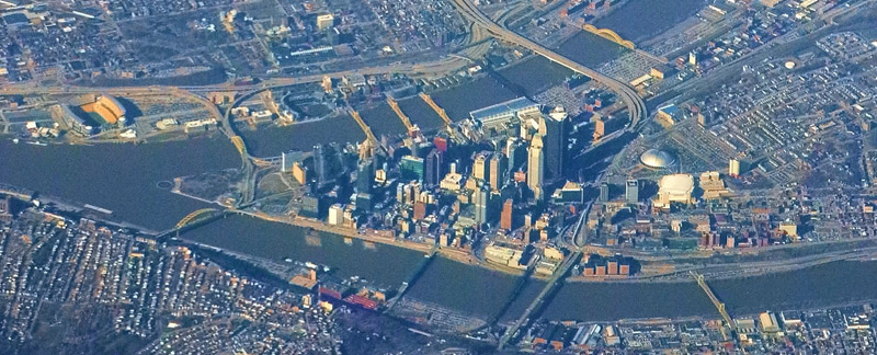 Aerial view of downtown Pittsburgh between three rivers