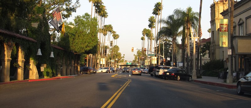 Palm-lined street in Riverside, CA