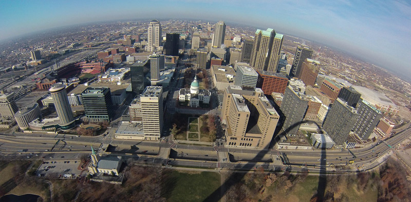 Fisheye aerial view of downtown St. Louis