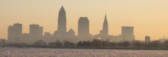 Foggy Cleveland skyline