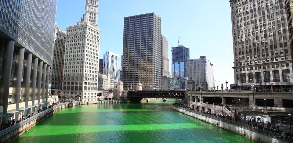 A view of the Chicago River dyed green on St. Patrick's Day