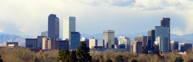 Downtown Denver skyline with mountains