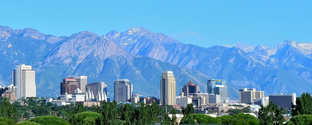 View of Salt Lake City, UT overlooked by the mountain range